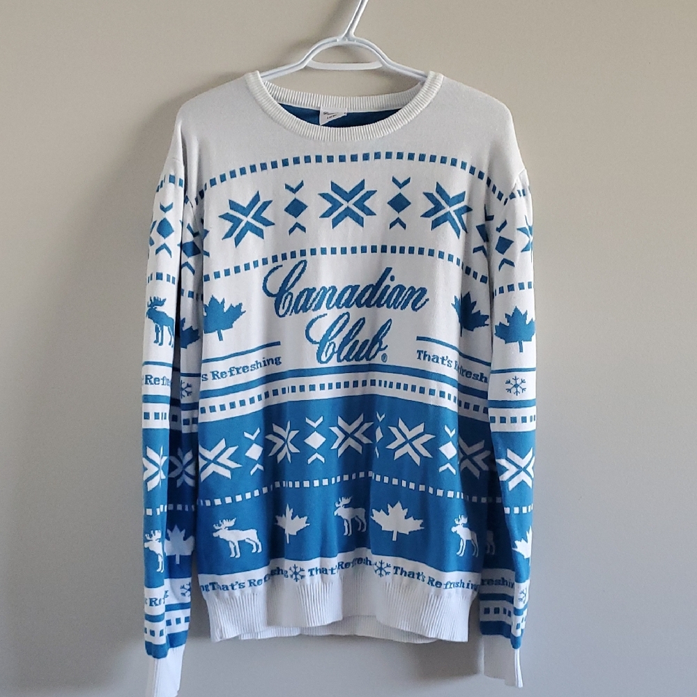 Canadian Club Blue and White Men's Crewneck Ugly Christmas Sweater Size L